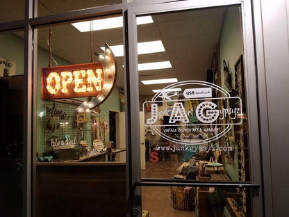 Custom metal open marquee sign with arrow – lighted business sign
