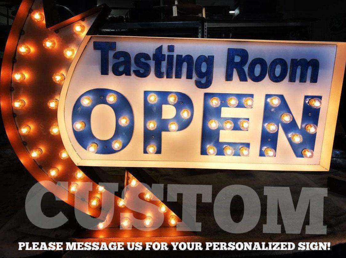 Custom metal open marquee sign with arrow – lighted business sign