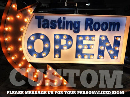 Custom metal open marquee sign with arrow – lighted business sign