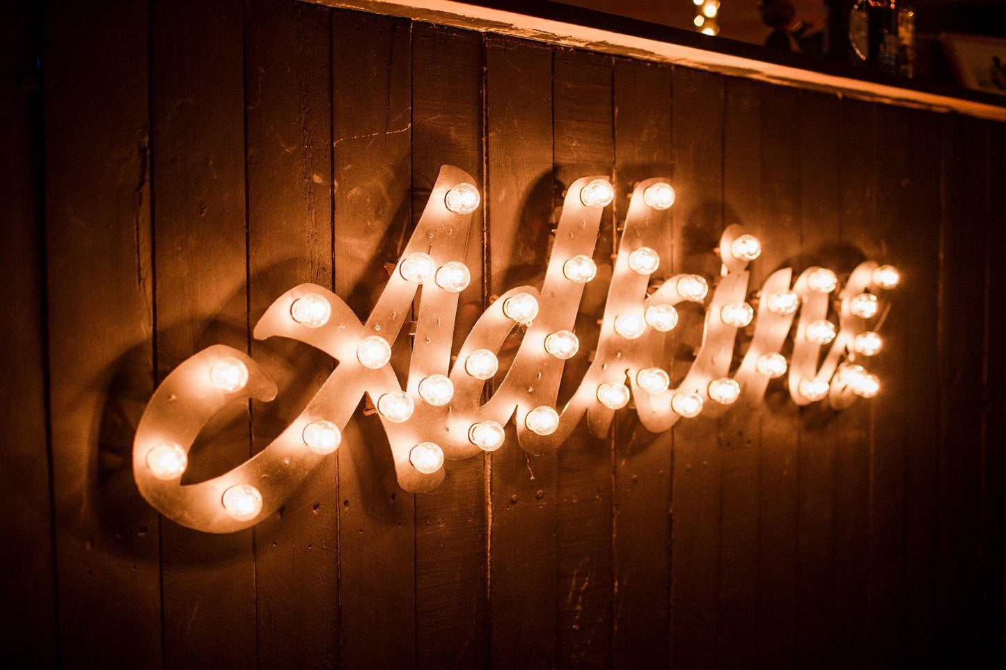 Custom metal marquee sign, light up bar decor, rustic wedding