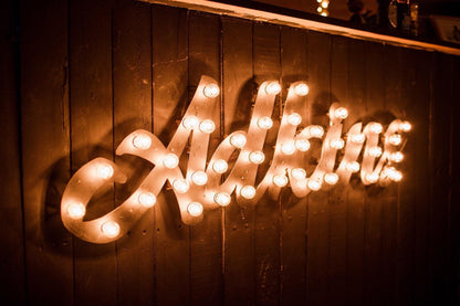 Custom metal marquee sign, light up bar decor, rustic wedding