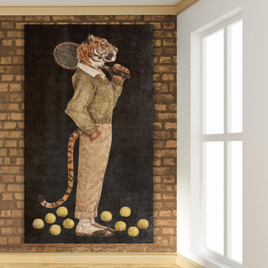 Tiger tennis player canvas print, whimsical animal artwork, country club decor