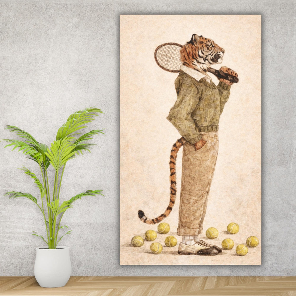 Tiger tennis player canvas print, whimsical animal artwork, country club decor