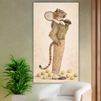 Tiger tennis player canvas print, whimsical animal artwork, country club decor