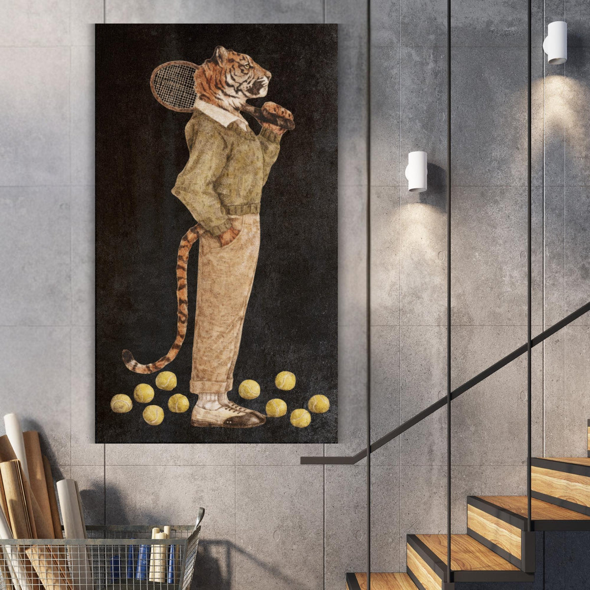 Tiger tennis player canvas print, whimsical animal artwork, country club decor