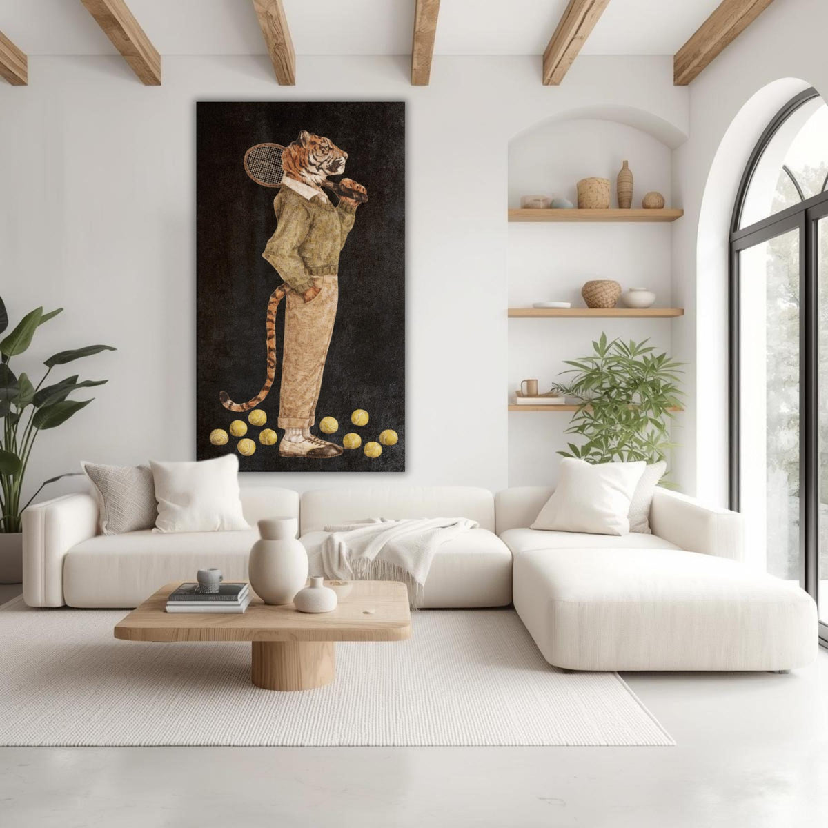 Tiger tennis player canvas print, whimsical animal artwork, country club decor