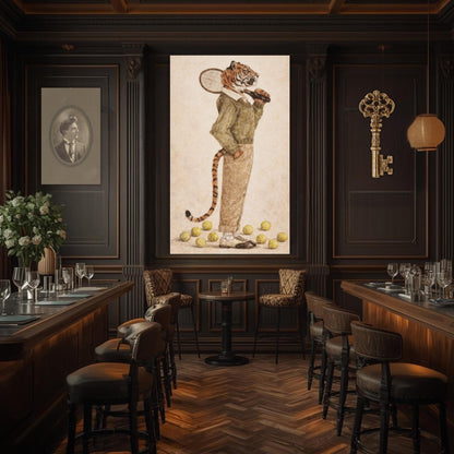 Tiger tennis player canvas print, whimsical animal artwork, country club decor