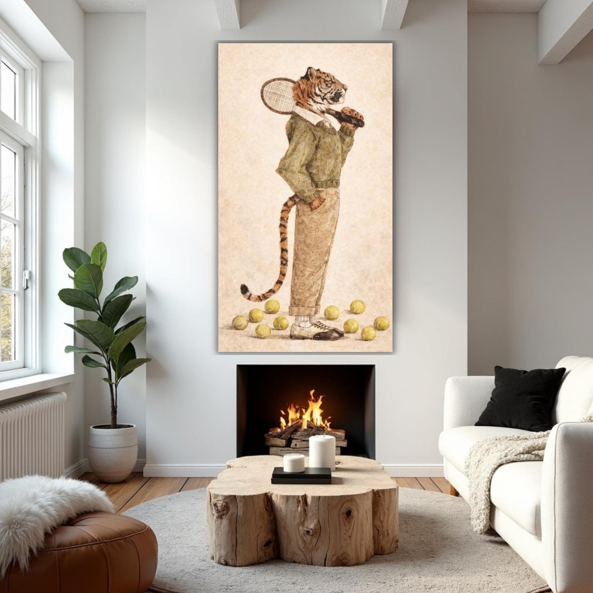 Tiger tennis player canvas print, whimsical animal artwork, country club decor