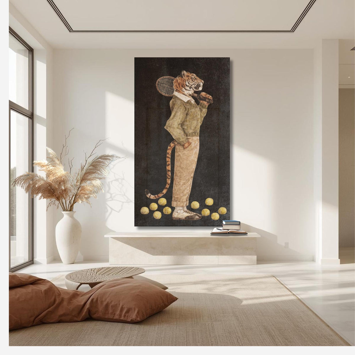 Tiger tennis player canvas print, whimsical animal artwork, country club decor