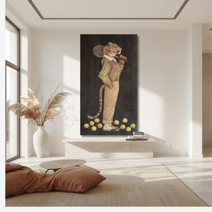 Tiger tennis player canvas print, whimsical animal artwork, country club decor