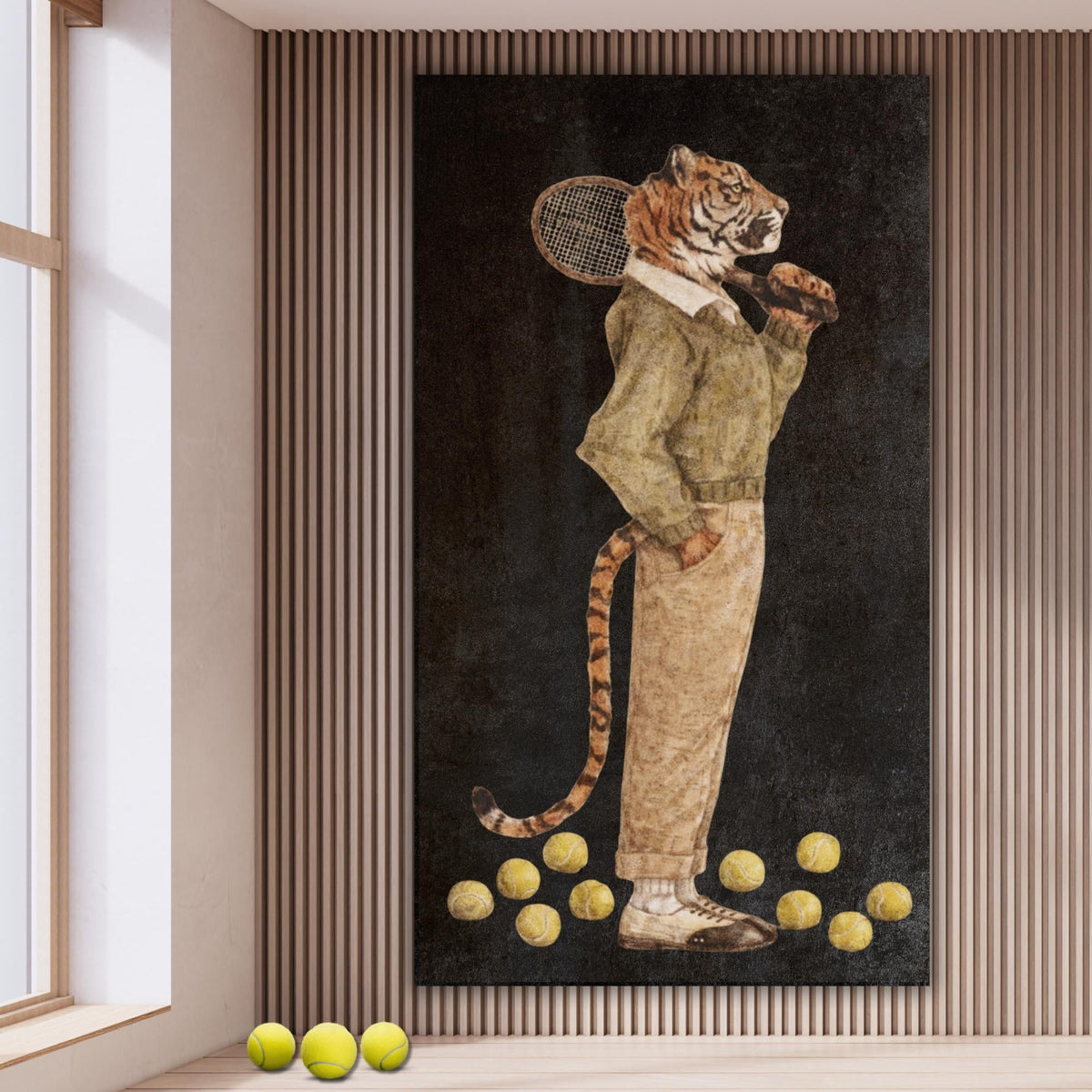 Tiger tennis player canvas print, whimsical animal artwork, country club decor