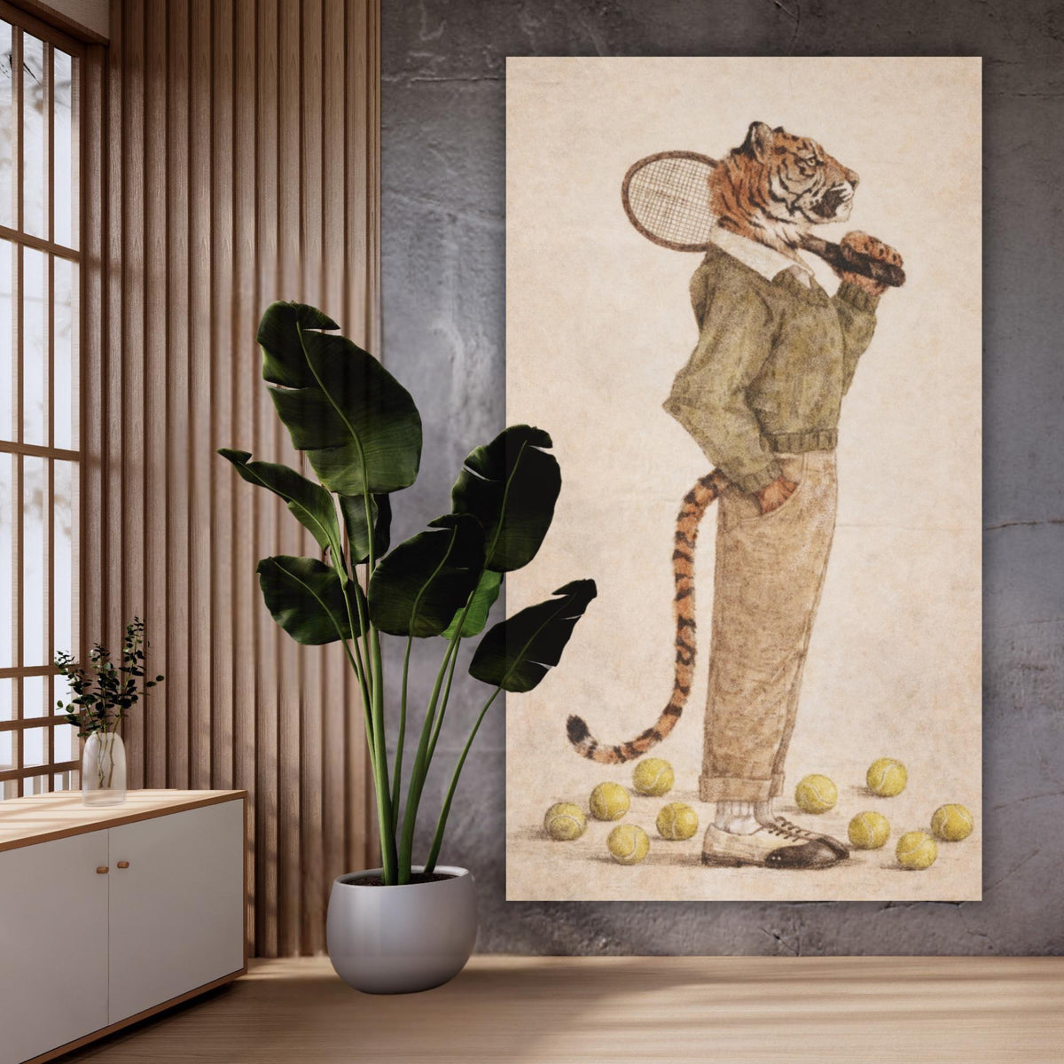 Tiger tennis player canvas print, whimsical animal artwork, country club decor