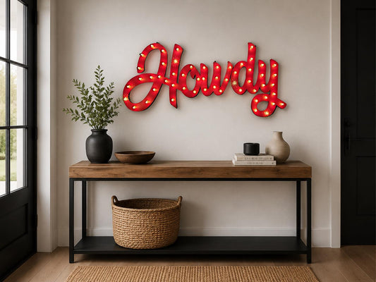 Handcrafted Maple Wood Howdy Marquee Sign, Lighted Western Wall Decor