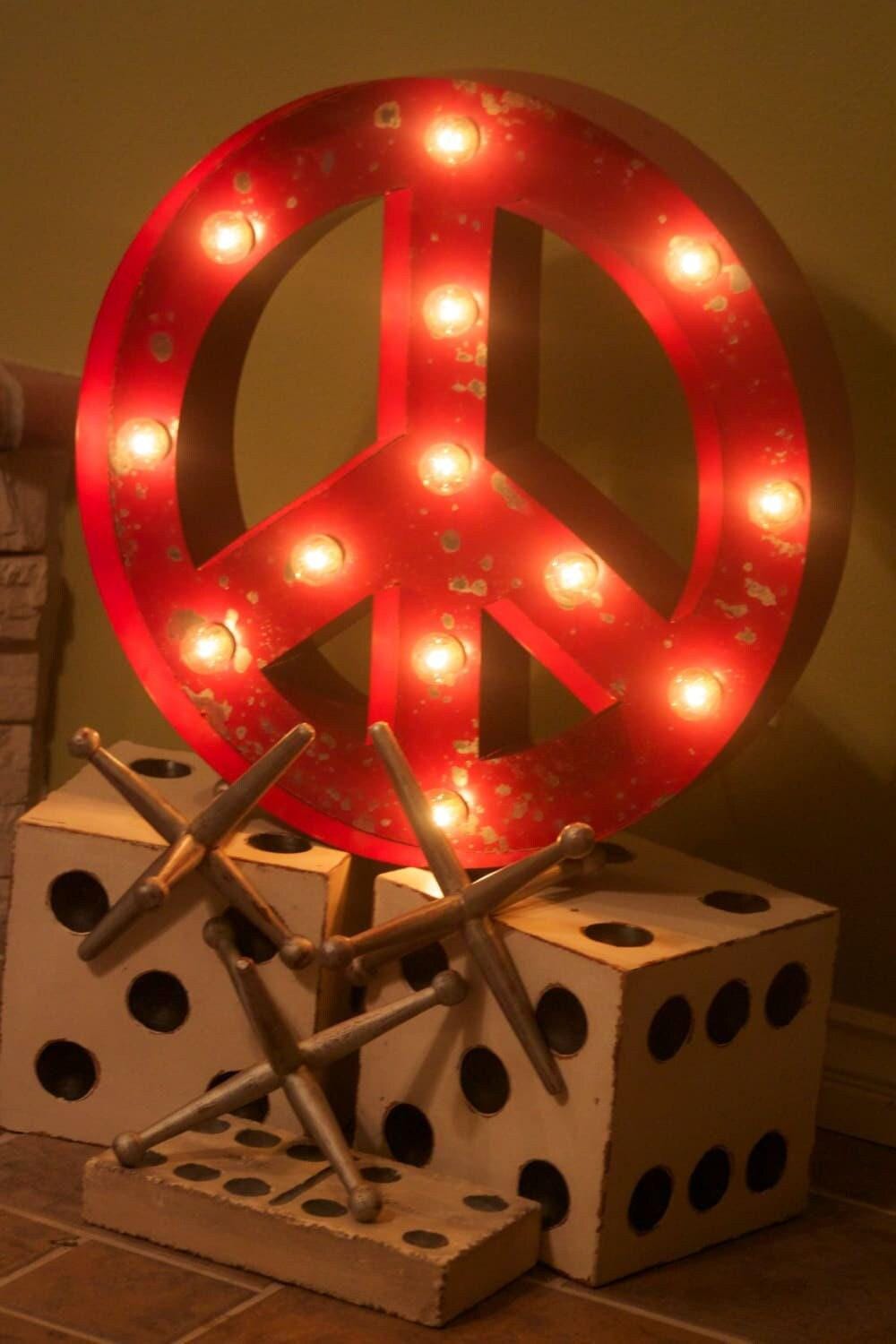Large metal marquee peace sign old vintage style lighted peace sign steel..........kids teens game room home decor outdoor christmas