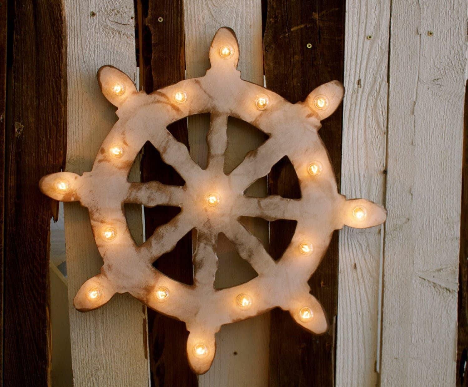 Marquee sign 24" large nautical captains wheel vintage inspired marquee lighted wood... bathroom, kids room, decoration, backyard art