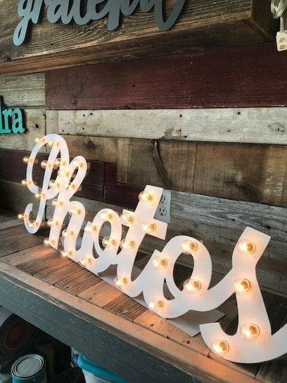 Metal photos sign marquee lighted steel letters... photos love open bar dream custom personalized wedding gift photo booth bus photos