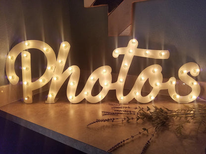 Metal photos sign marquee lighted steel letters... photos love open bar dream custom personalized wedding gift photo booth bus photos