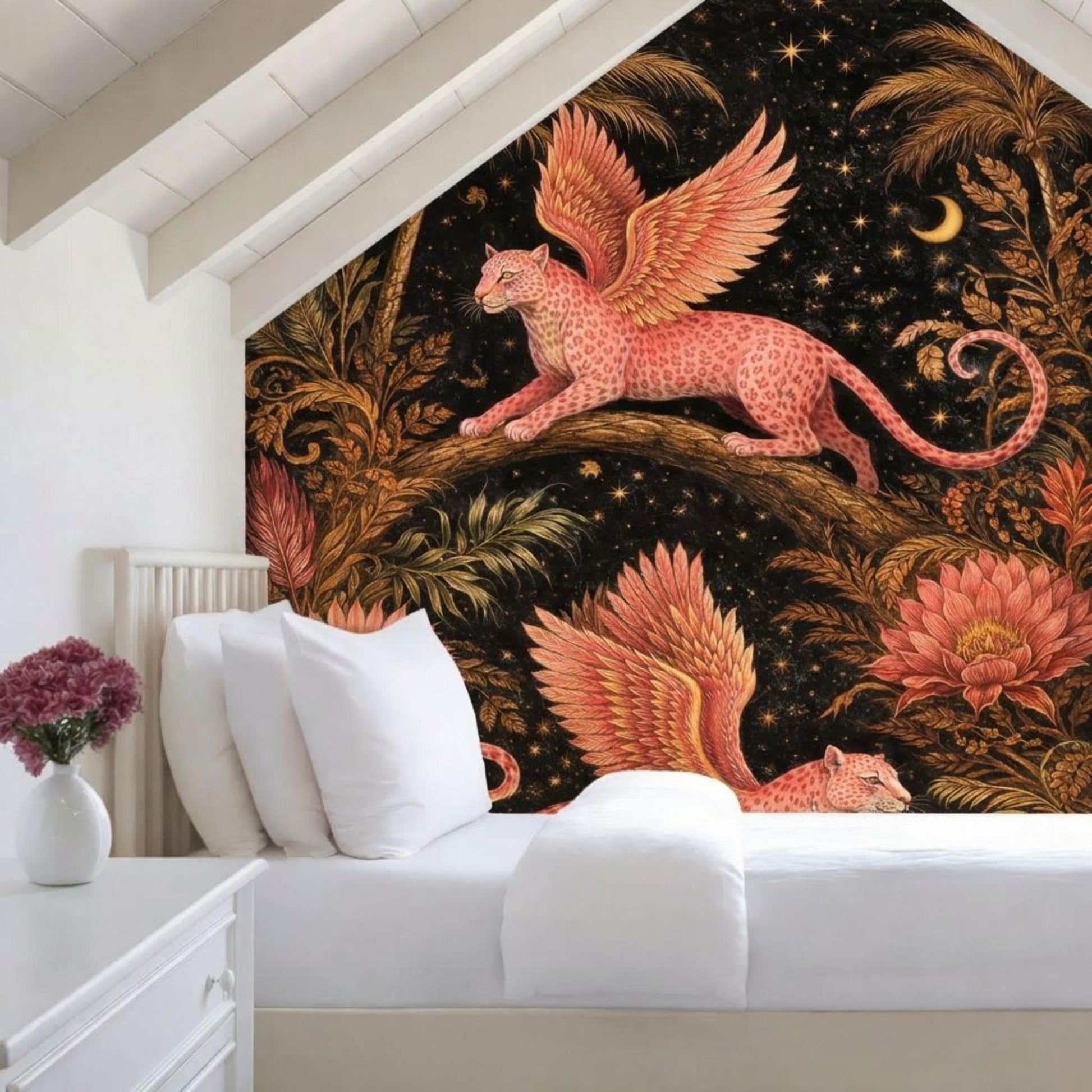 Large Fantasy Leopard Canvas Art, Large Statement Wall Art, Pink Winged Leopard Jungle Art Botanical Decor, Unique Oversized Dramatic