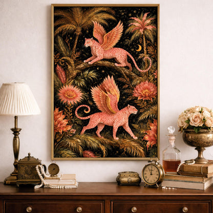 Large Fantasy Leopard Canvas Art, Large Statement Wall Art, Pink Winged Leopard Jungle Art Botanical Decor, Unique Oversized Dramatic