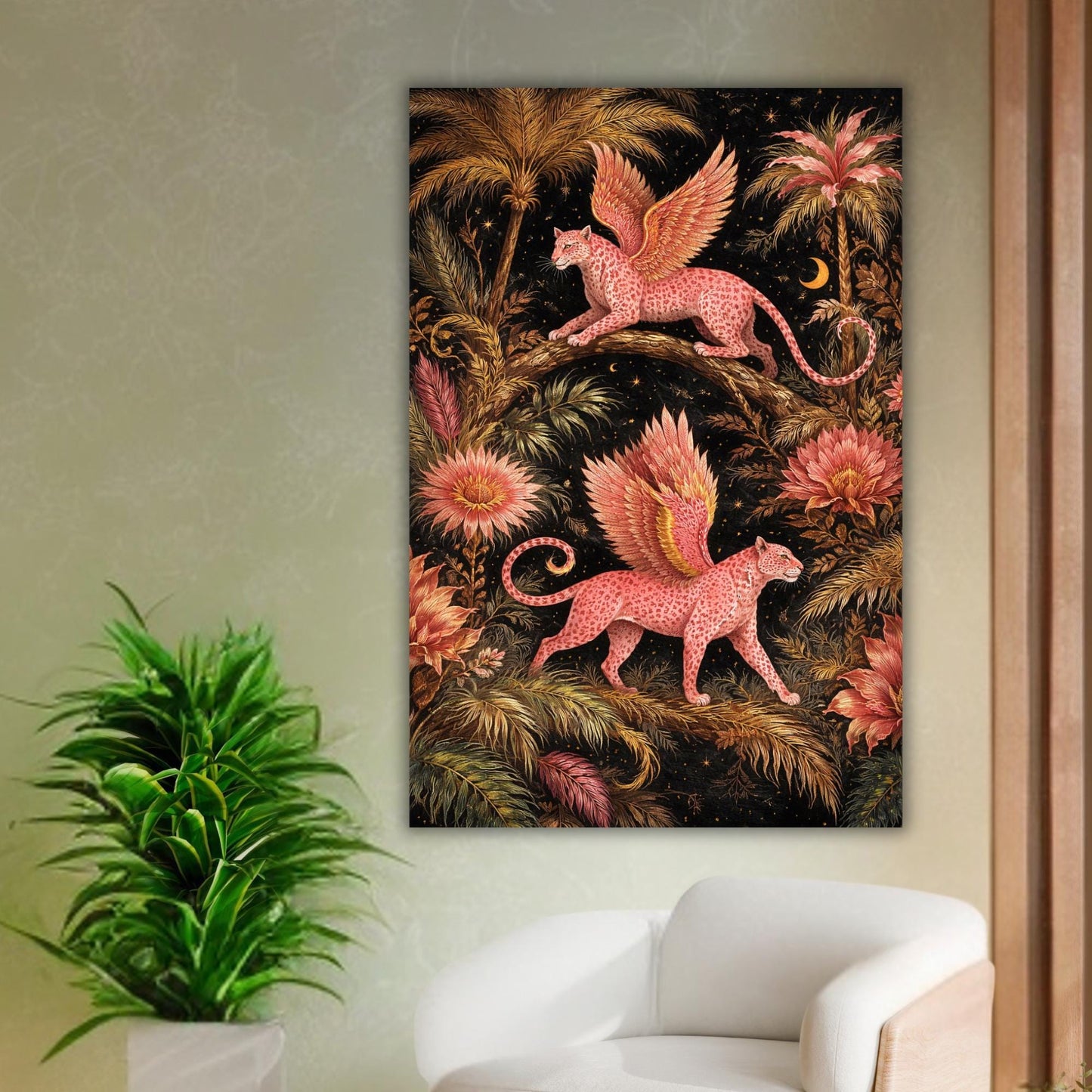 Large Fantasy Leopard Canvas Art, Large Statement Wall Art, Pink Winged Leopard Jungle Art Botanical Decor, Unique Oversized Dramatic