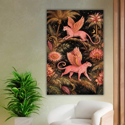 Large Fantasy Leopard Canvas Art, Large Statement Wall Art, Pink Winged Leopard Jungle Art Botanical Decor, Unique Oversized Dramatic