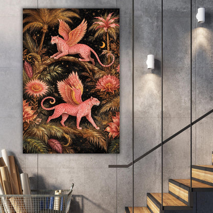 Large Fantasy Leopard Canvas Art, Large Statement Wall Art, Pink Winged Leopard Jungle Art Botanical Decor, Unique Oversized Dramatic