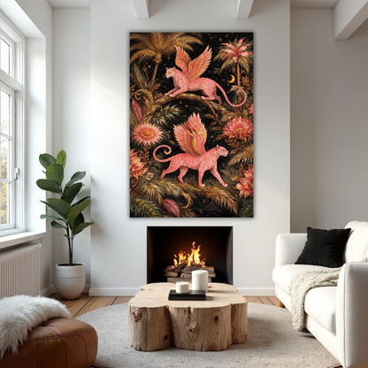 Large Fantasy Leopard Canvas Art, Large Statement Wall Art, Pink Winged Leopard Jungle Art Botanical Decor, Unique Oversized Dramatic