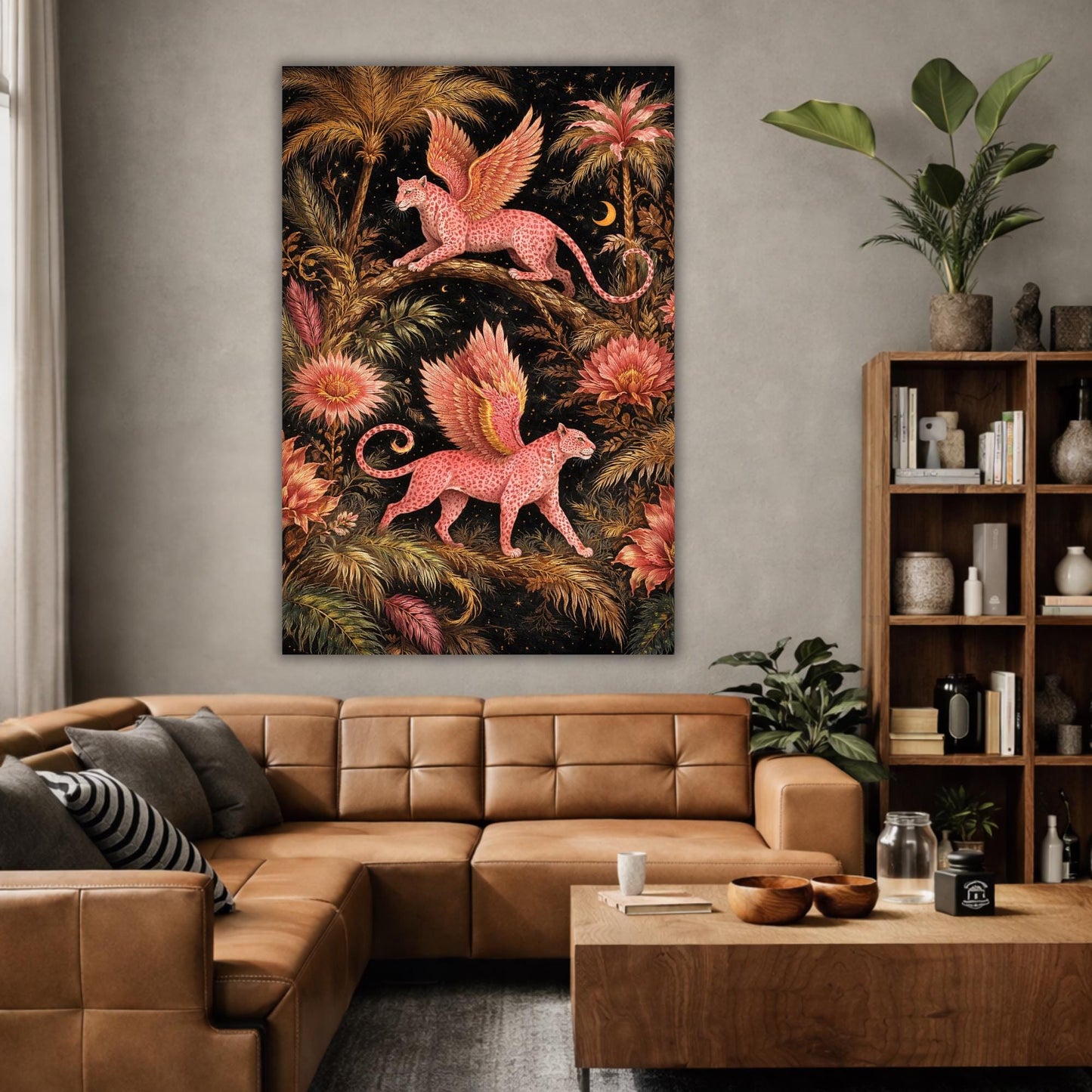 Large Fantasy Leopard Canvas Art, Large Statement Wall Art, Pink Winged Leopard Jungle Art Botanical Decor, Unique Oversized Dramatic