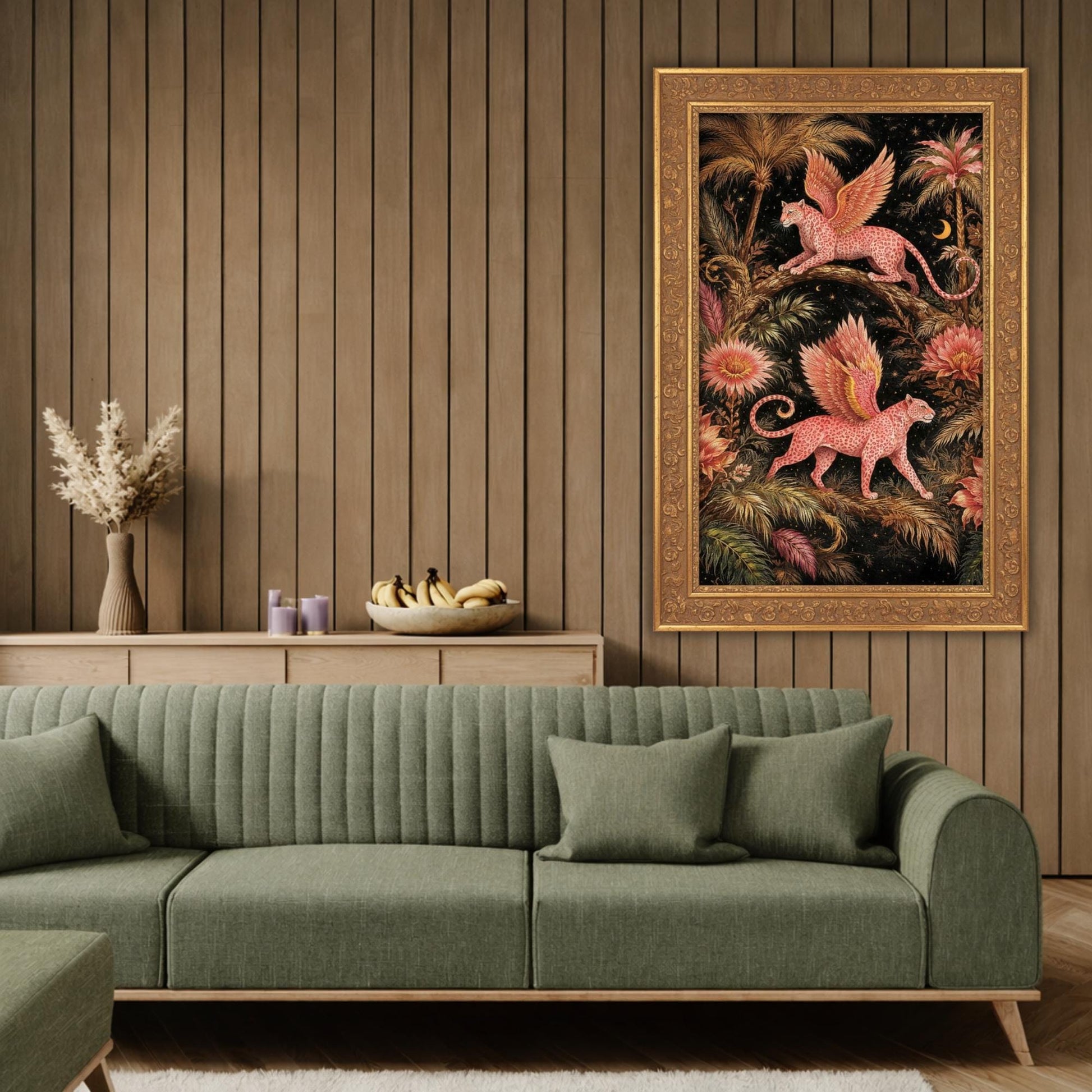 Large Fantasy Leopard Canvas Art, Large Statement Wall Art, Pink Winged Leopard Jungle Art Botanical Decor, Unique Oversized Dramatic