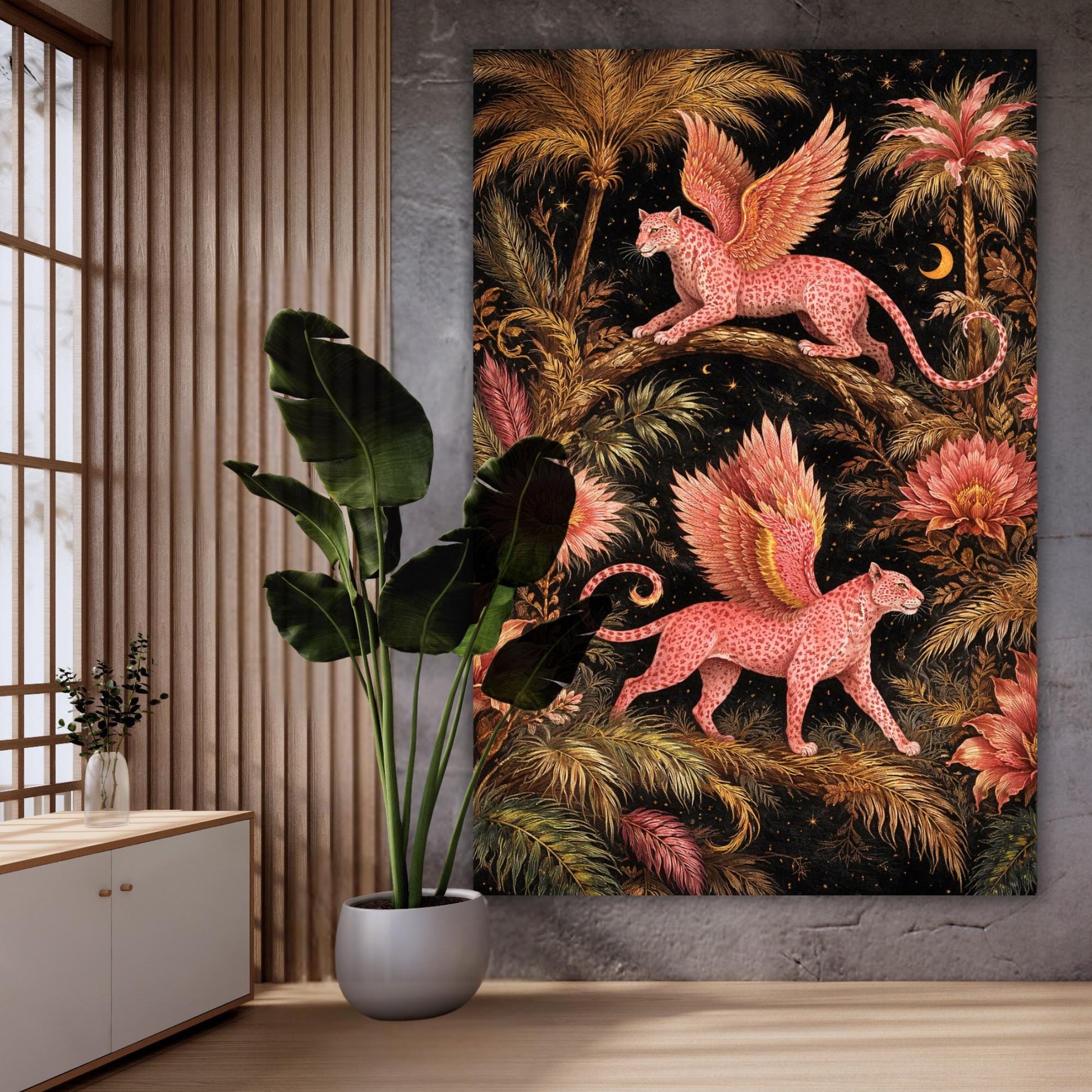 Large Fantasy Leopard Canvas Art, Large Statement Wall Art, Pink Winged Leopard Jungle Art Botanical Decor, Unique Oversized Dramatic