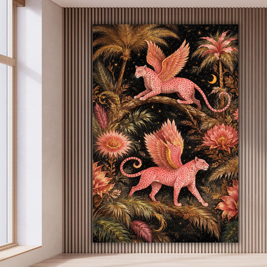 Large Fantasy Leopard Canvas Art, Large Statement Wall Art, Pink Winged Leopard Jungle Art Botanical Decor, Unique Oversized Dramatic
