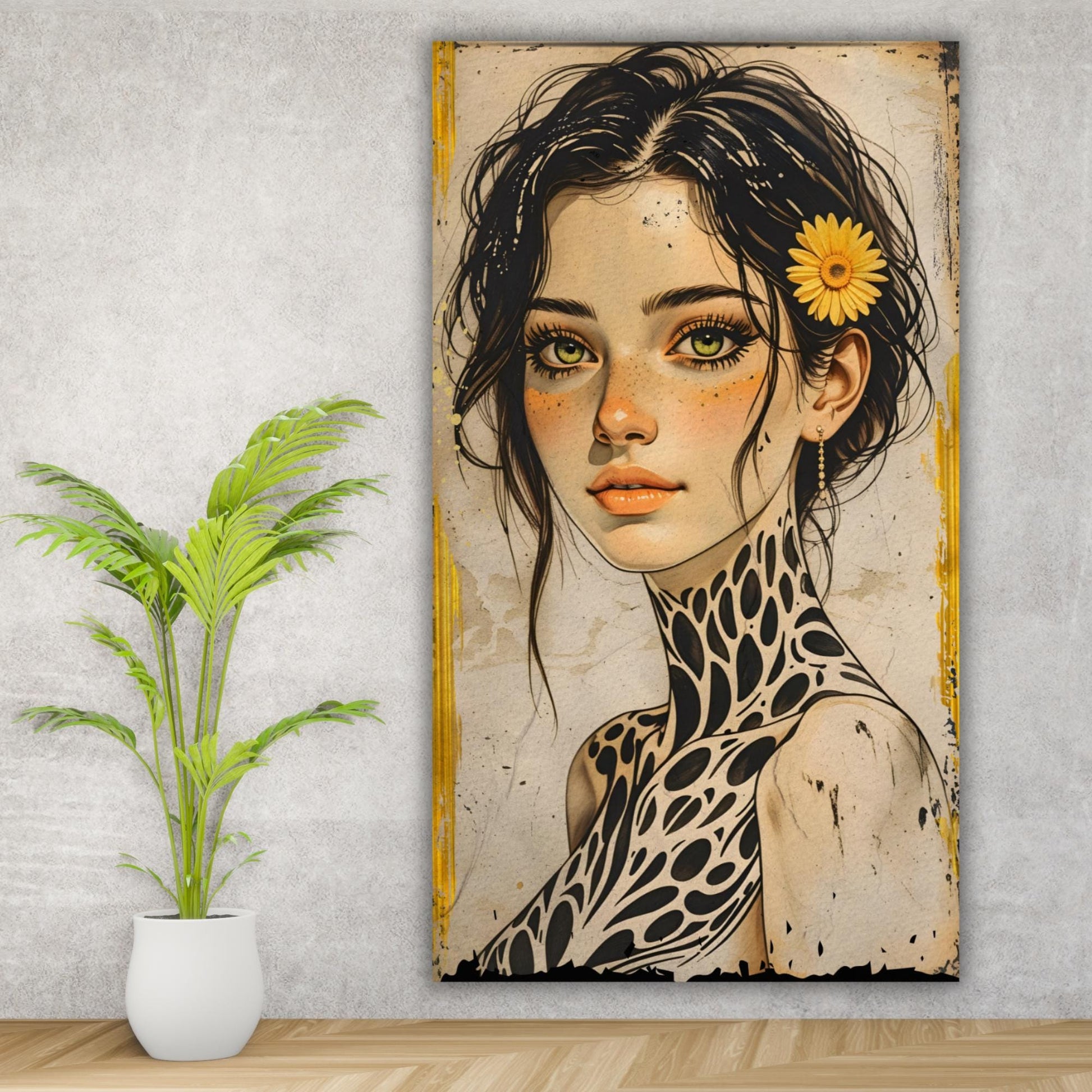 Large Boho Portrait Canvas Art Unique Feminine Wall Decor, Wildflower Girl Mural, Modern Vintage Illustration, Oversized Statement Artwork
