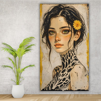 Large Boho Portrait Canvas Art Unique Feminine Wall Decor, Wildflower Girl Mural, Modern Vintage Illustration, Oversized Statement Artwork