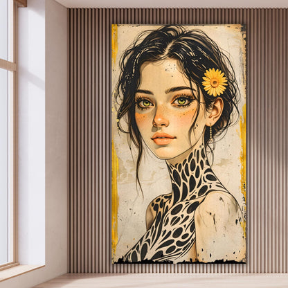 Large Boho Portrait Canvas Art Unique Feminine Wall Decor, Wildflower Girl Mural, Modern Vintage Illustration, Oversized Statement Artwork