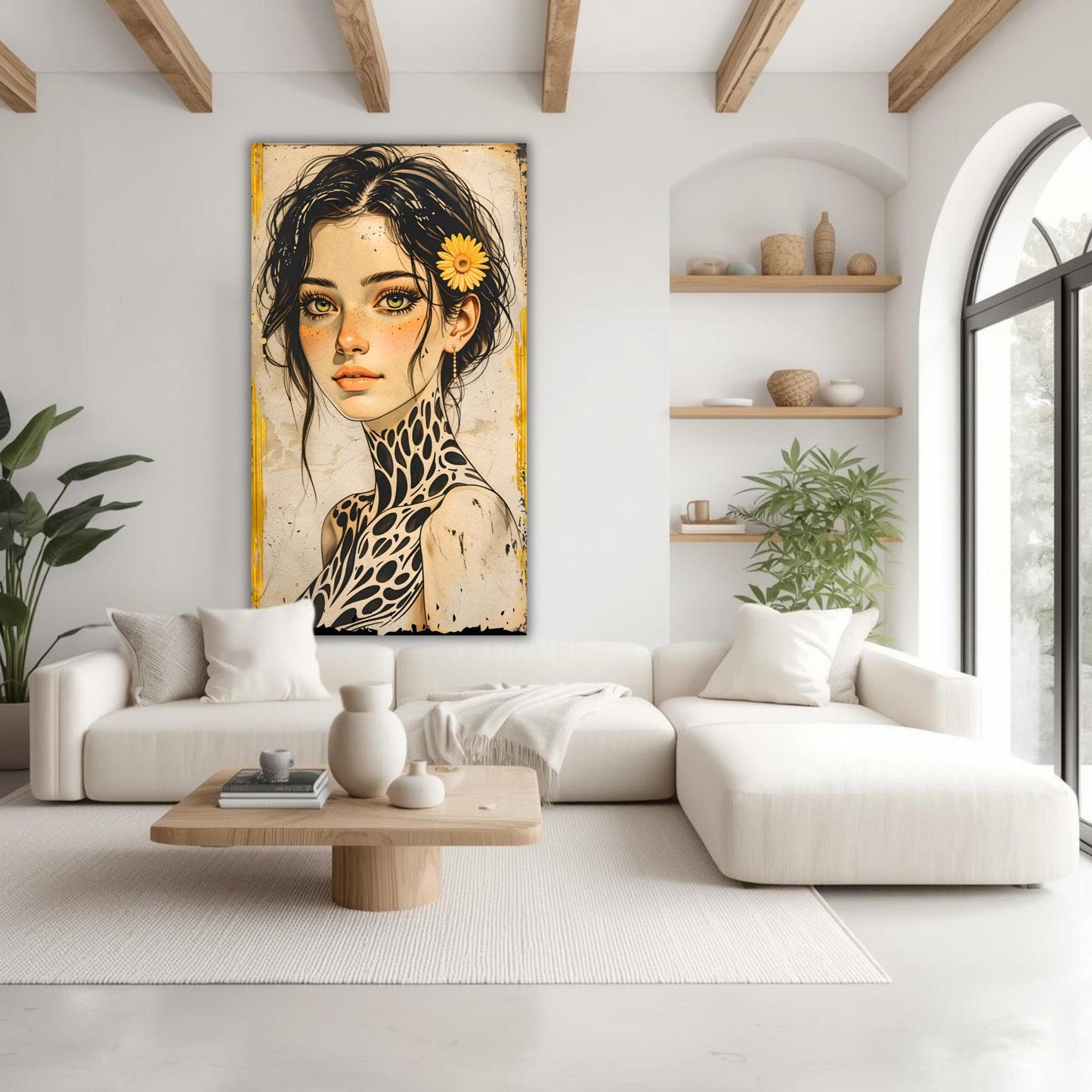Large Boho Portrait Canvas Art Unique Feminine Wall Decor, Wildflower Girl Mural, Modern Vintage Illustration, Oversized Statement Artwork