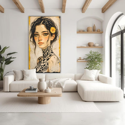 Large Boho Portrait Canvas Art Unique Feminine Wall Decor, Wildflower Girl Mural, Modern Vintage Illustration, Oversized Statement Artwork