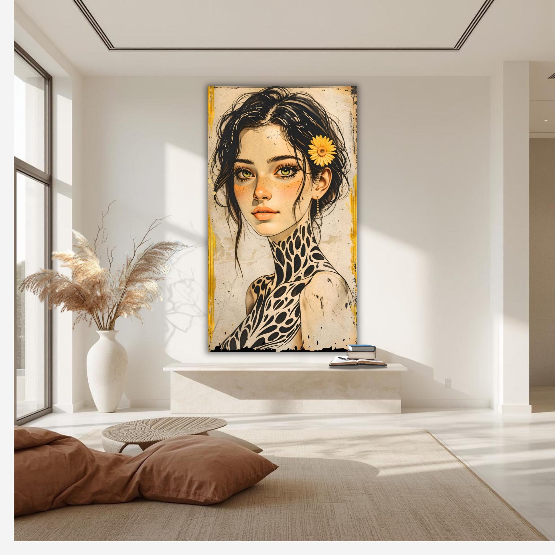 Large Boho Portrait Canvas Art Unique Feminine Wall Decor, Wildflower Girl Mural, Modern Vintage Illustration, Oversized Statement Artwork