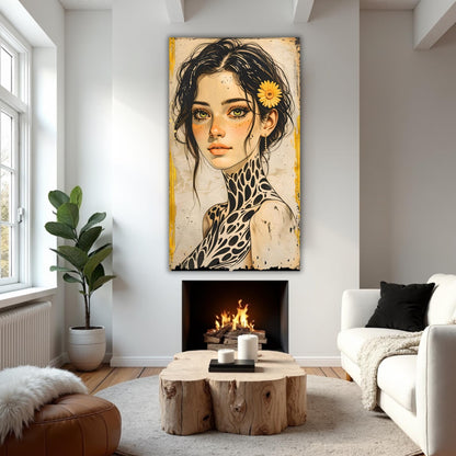Large Boho Portrait Canvas Art Unique Feminine Wall Decor, Wildflower Girl Mural, Modern Vintage Illustration, Oversized Statement Artwork