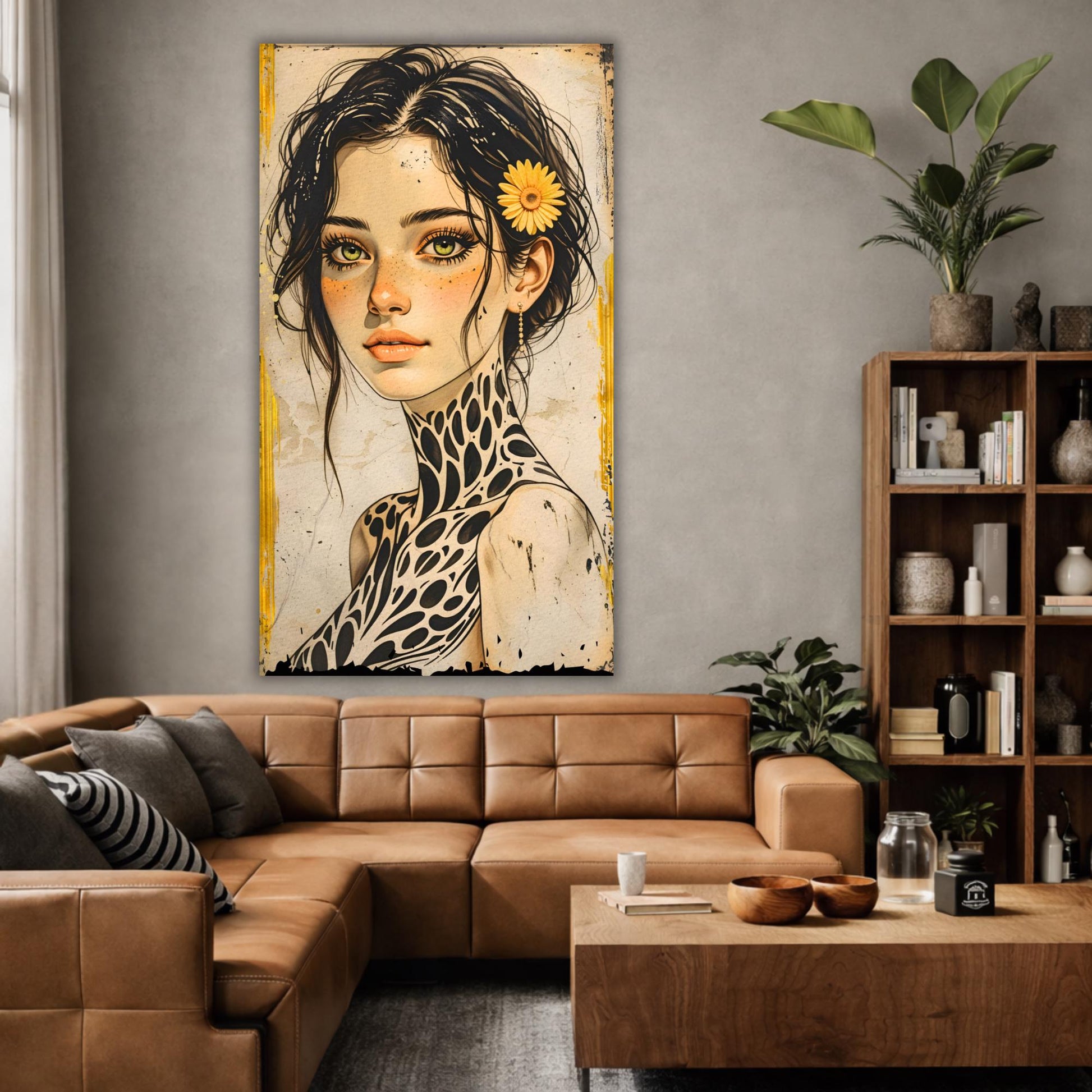 Large Boho Portrait Canvas Art Unique Feminine Wall Decor, Wildflower Girl Mural, Modern Vintage Illustration, Oversized Statement Artwork