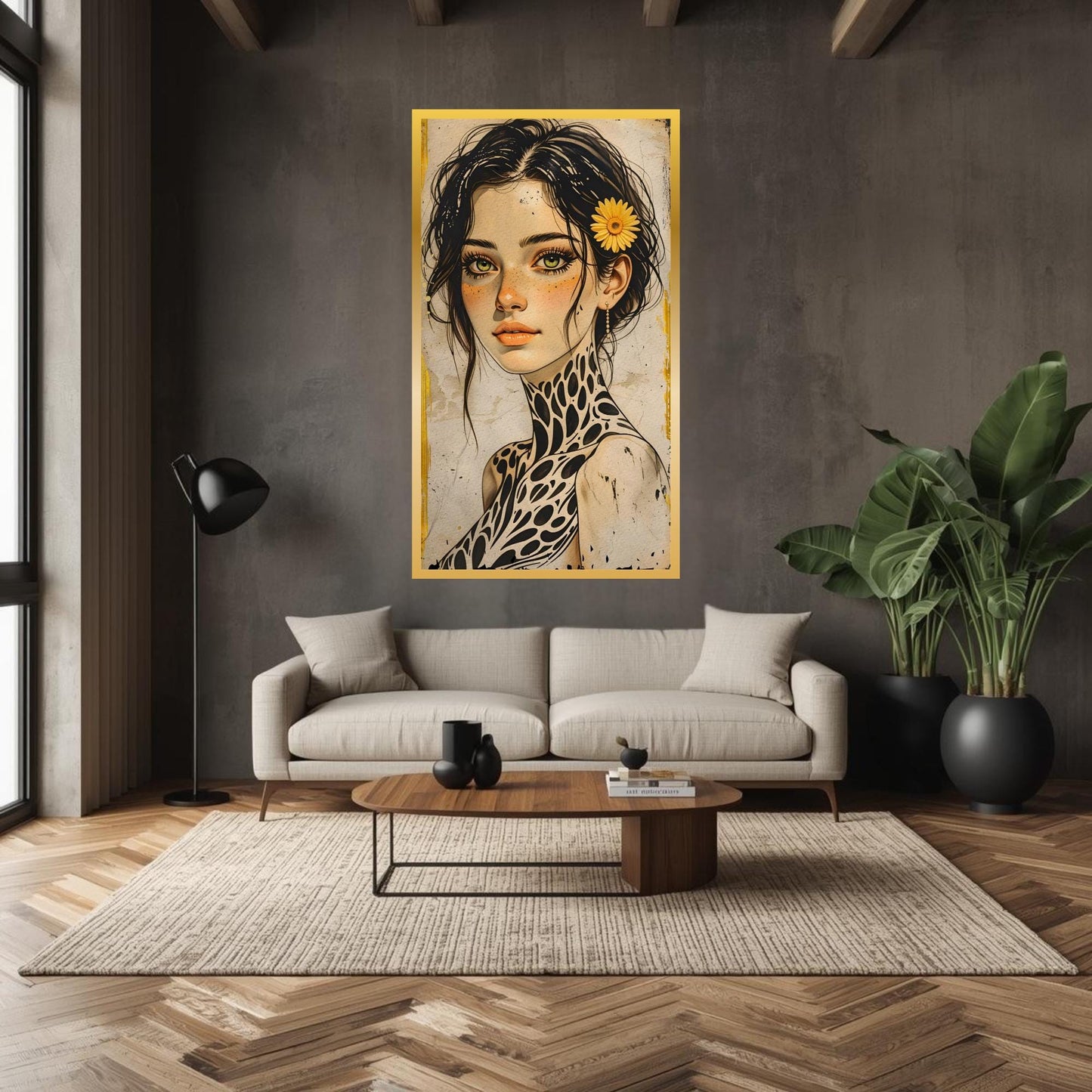 Large Boho Portrait Canvas Art Unique Feminine Wall Decor, Wildflower Girl Mural, Modern Vintage Illustration, Oversized Statement Artwork