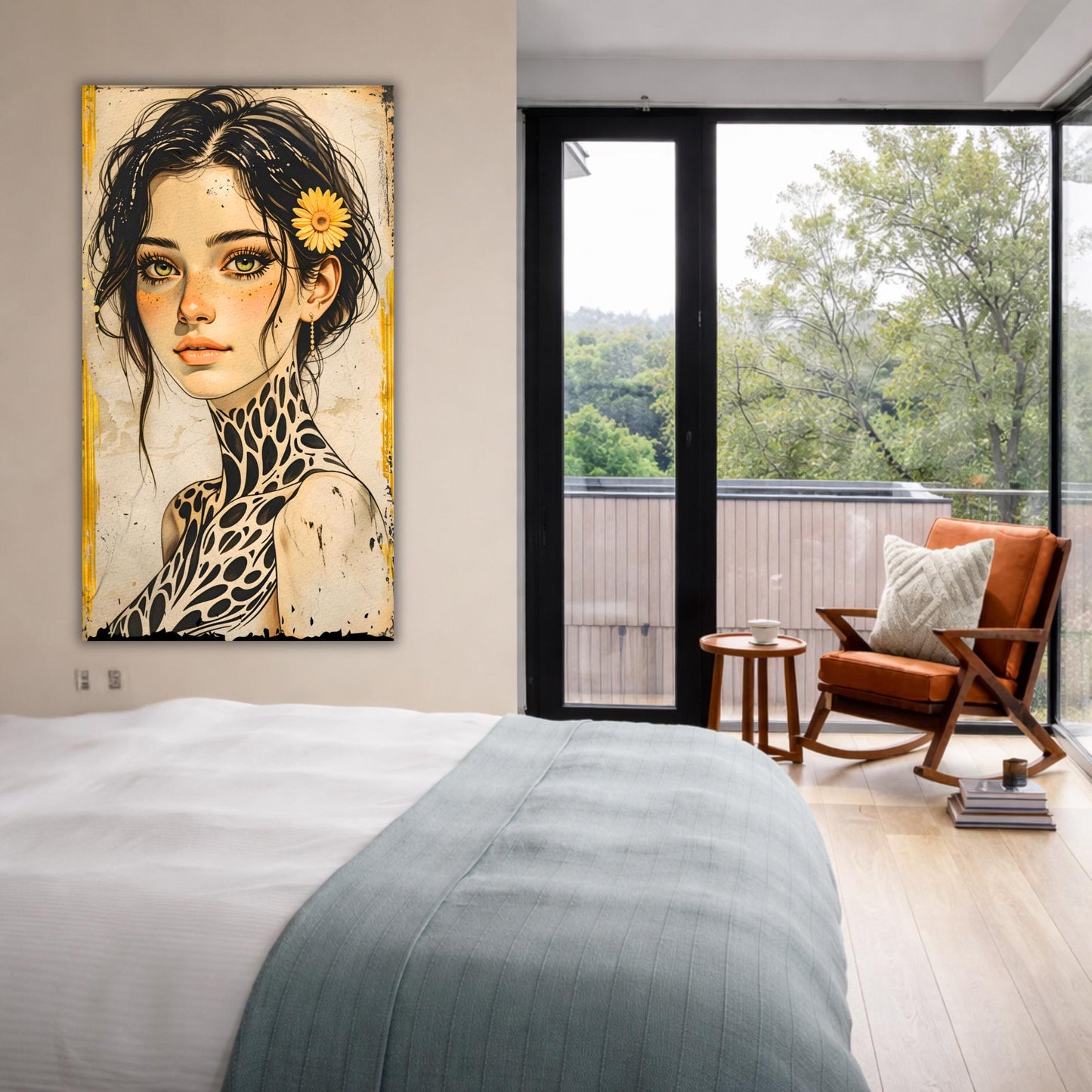 Large Boho Portrait Canvas Art Unique Feminine Wall Decor, Wildflower Girl Mural, Modern Vintage Illustration, Oversized Statement Artwork