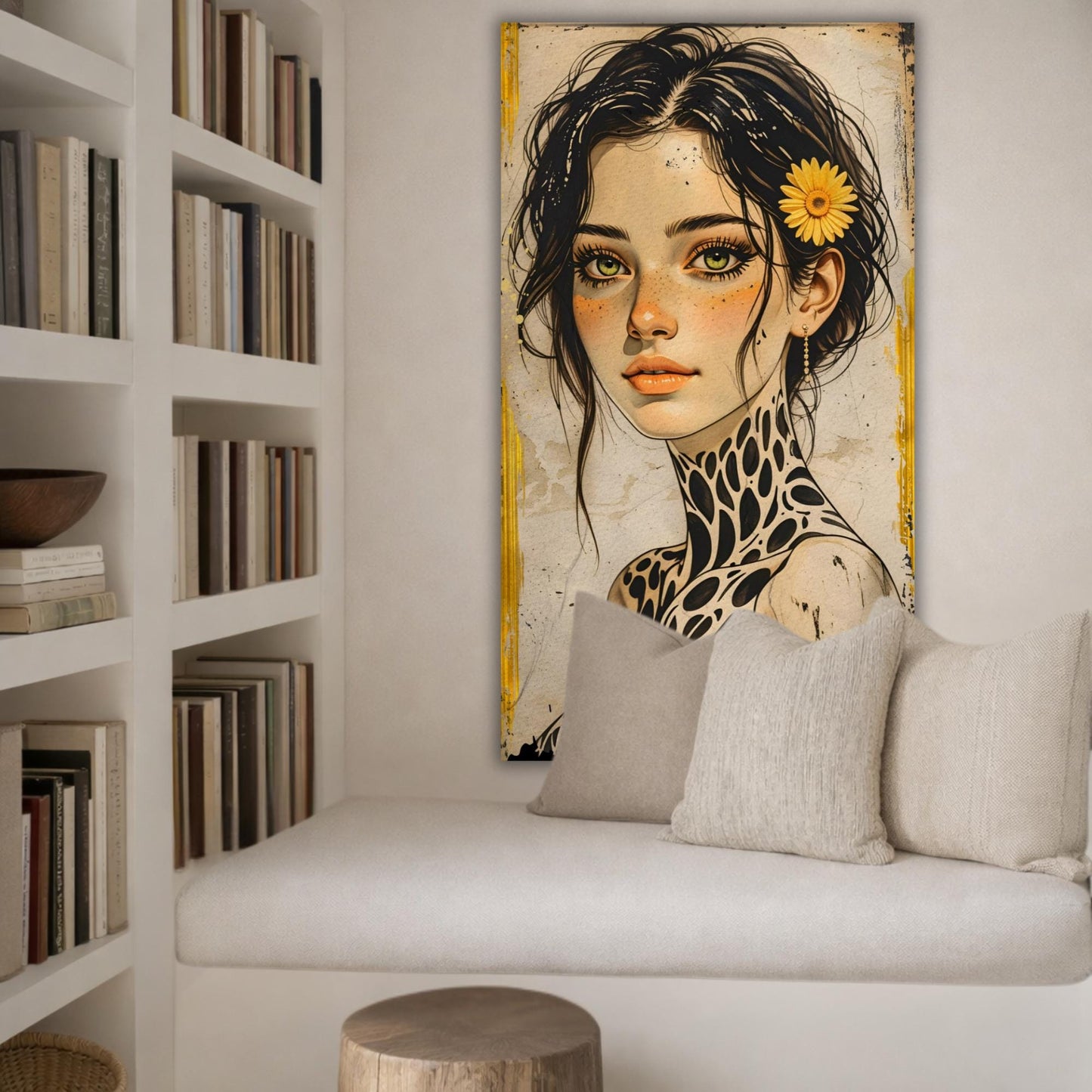 Large Boho Portrait Canvas Art Unique Feminine Wall Decor, Wildflower Girl Mural, Modern Vintage Illustration, Oversized Statement Artwork