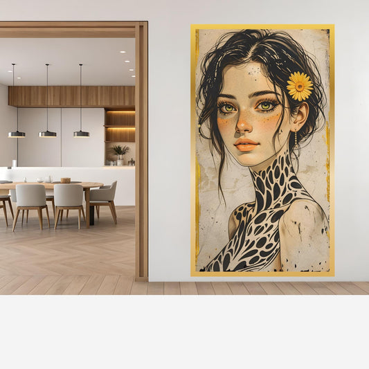 Large Boho Portrait Canvas Art Unique Feminine Wall Decor, Wildflower Girl Mural, Modern Vintage Illustration, Oversized Statement Artwork