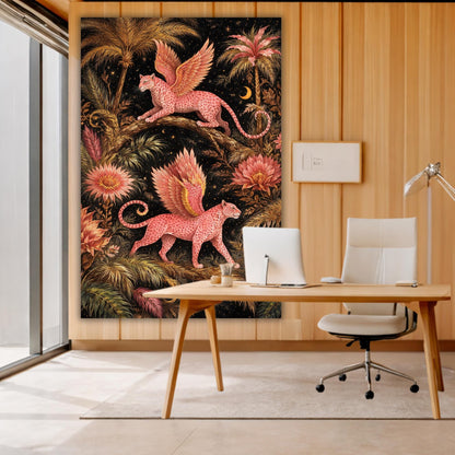 Large Fantasy Leopard Canvas Art, Large Statement Wall Art, Pink Winged Leopard Jungle Art Botanical Decor, Unique Oversized Dramatic
