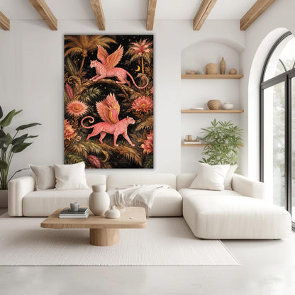 Large Fantasy Leopard Canvas Art, Large Statement Wall Art, Pink Winged Leopard Jungle Art Botanical Decor, Unique Oversized Dramatic