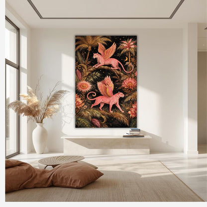 Large Fantasy Leopard Canvas Art, Large Statement Wall Art, Pink Winged Leopard Jungle Art Botanical Decor, Unique Oversized Dramatic