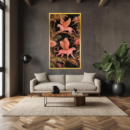 Large Fantasy Leopard Canvas Art, Large Statement Wall Art, Pink Winged Leopard Jungle Art Botanical Decor, Unique Oversized Dramatic