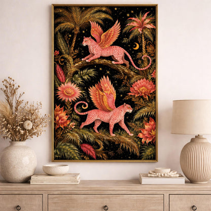 Large Fantasy Leopard Canvas Art, Large Statement Wall Art, Pink Winged Leopard Jungle Art Botanical Decor, Unique Oversized Dramatic