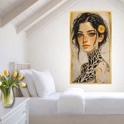 Large Boho Portrait Canvas Art Unique Feminine Wall Decor, Wildflower Girl Mural, Modern Vintage Illustration, Oversized Statement Artwork