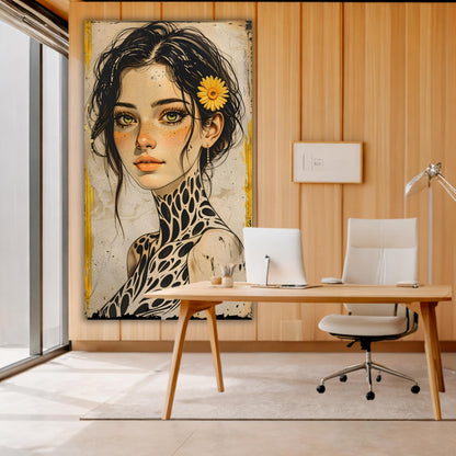 Large Boho Portrait Canvas Art Unique Feminine Wall Decor, Wildflower Girl Mural, Modern Vintage Illustration, Oversized Statement Artwork